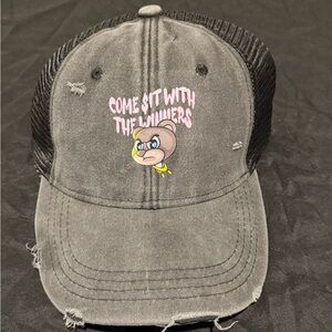 Black Distressed Cap with stylish Bear with pink Graphic logo design.